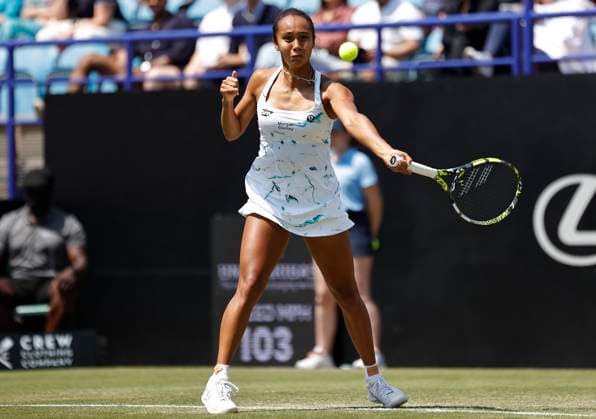 28th June 2024; Devonshire Park, Eastbourne, East Sussex, England: Rothesay International Eastbourne, Day 5, Leylah Fernadez (CAN) plays a forehand against Madison Keys (USA) in the womens singles semi-final match  ActionPlus12661206 HongboxChen