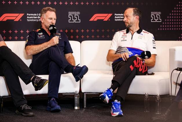 HORNER Christian (gbr), Team Principal of Red Bull Racing, portrait BAYER Peter, CEO of Visa Cash App RB F1 Team, portrait press conference, PK, Pressekonferenz during the Formula 1 Qatar Airways Austrian Grand Prix 2024, 11th round of the 2024 Formula One World Championship, WM, Weltmeisterschaft from June 28 to 30, 2024 on the Red Bull Ring, in Spielberg, Austria - F1 - AUSTRIAN GRAND PRIX 2024 DPPI Panoramic 240628_R11_AUSTRIA_DP_XB5_7290_1