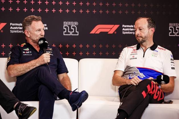 HORNER Christian (gbr), Team Principal of Red Bull Racing, portrait BAYER Peter, CEO of Visa Cash App RB F1 Team, portrait press conference, PK, Pressekonferenz during the Formula 1 Qatar Airways Austrian Grand Prix 2024, 11th round of the 2024 Formula One World Championship, WM, Weltmeisterschaft from June 28 to 30, 2024 on the Red Bull Ring, in Spielberg, Austria - F1 - AUSTRIAN GRAND PRIX 2024 DPPI Panoramic 240628_R11_AUSTRIA_DP_XB5_7295_1