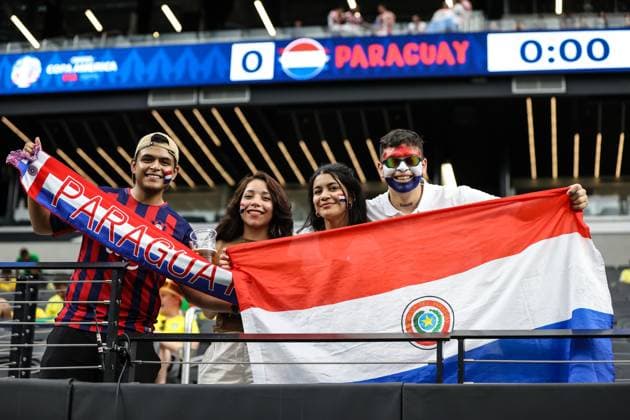June 28, 2024: A group of Paraguay fans pose for a photo prior to the start of the CONMEBOL Copa America Group D Stage match at Allegiant Stadium between Paraguay vs Brazil on June 28, 2024 in Las Vegas, NV. CSM. Las Vegas United States of America - ZUMAc04_ 20240628_zma_c04_020 Copyright: xChristopherxTrimx