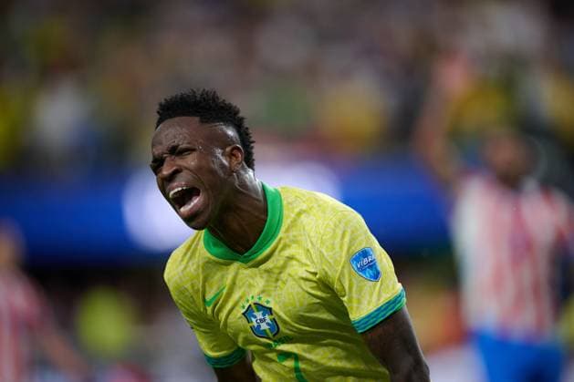 RECORD DATE NOT STATED Copa America USA 2024 Paraguay vs Brazil Vinicius Junior celebrates his goal 0-1 of Brazil during the CONMEBOL Copa America 2024 group D match between Paraguay and Brazil, at Allegiant Stadium, on June 28, 2024 in Las Vegas, Nevada, United States. LAS VEGAS NEVADA UNITED STATES  Copyright: xJorgexMartinezx 20240628204426_CA_GD_2024_PAR_BRA_VINICIUS79