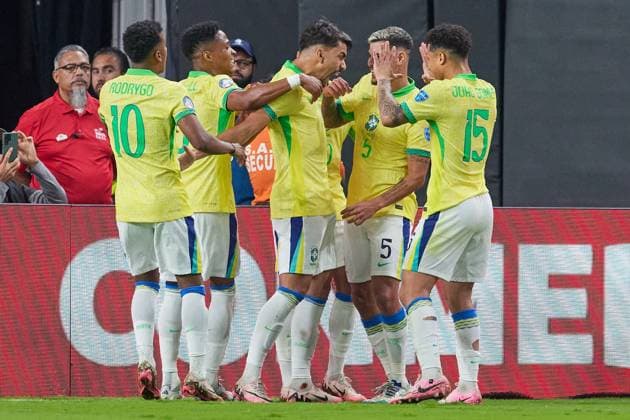 RECORD DATE NOT STATED Copa America USA 2024 Paraguay vs Brazil Lucas Paqueta celebrates his goal 1-4 with Danilo of Brazil during the CONMEBOL Copa America 2024 group D match between Paraguay and Brazil, at Allegiant Stadium, on June 28, 2024 in Las Vegas, Nevada, United States. LAS VEGAS NEVADA UNITED STATES  Copyright: xJorgexMartinezx 20240628213017_CA_GD_2024_PAR_BRA_PAQUETA130