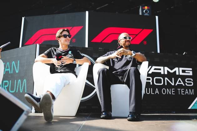 FORMULA 1 - GP of Austria 2024 SPIELBERG,AUSTRIA,29.JUN.24 - MOTORSPORTS, FORMULA 1 - Grand Prix of Austria, Red Bull Ring, preview. Image shows George Russell (GBR Mercedes) and Lewis Hamilton (GBR Mercedes).  GEPAxpictures xDanielxGoetzhaber