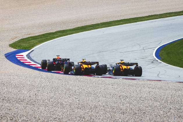 FORMULA 1 - GP of Austria 2024 SPIELBERG,AUSTRIA,29.JUN.24 - MOTORSPORTS, FORMULA 1 - Grand Prix of Austria, Red Bull Ring, sprint race. Image shows Max Verstappen (NED Red Bull Racing), Lando Norris (GBR McLaren) and Oscar Piastri (AUS McLaren).  GEPAxpictures xDanielxGoetzhaber