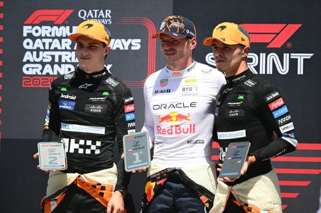 F1 Grand Prix of Austria - Sprint & Qualifying Oscar Piastri of McLaren F1 Team, Max Verstappen of Red Bull Racing Honda, and Lando Norris of McLaren F1 Team are celebrating during the sprint race of the Austrian GP, the 11th round of the Formula 1 World Championship, WM, Weltmeisterschaft 2024, in Red Bull Ring, Spielberg Bei Knittenfeld, Stirya, Austria, on June 29, 2024. Spielberg Bei Knittenfeld Stirya Austria  Copyright: xAndreaxDiodatox originalFilename:diodato-notitle240629_npkR9.jpg