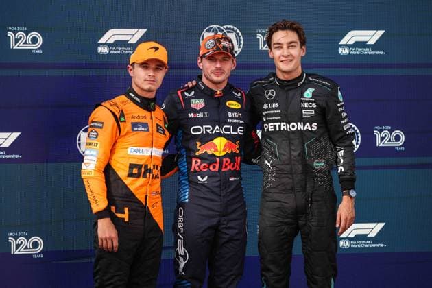 VERSTAPPEN Max (ned), Red Bull Racing RB20, portrait NORRIS Lando (gbr), McLaren F1 Team MCL38, portrait RUSSELL George (gbr), Mercedes AMG F1 Team W15, portrait during the Formula 1 Qatar Airways Austrian Grand Prix 2024, 11th round of the 2024 Formula One World Championship, WM, Weltmeisterschaft from June 28 to 30, 2024 on the Red Bull Ring, in Spielberg, Austria - F1 - AUSTRIAN GRAND PRIX 2024 DPPI Panoramic  240629_R11_AUSTRIA_DP_XB3_9556