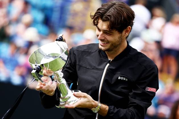 Taylor Fritz of USA with the trophy after winning the Men s Singles Final. Rothesay International Eastbourne, Day 7, Tennis, Devonshire Park, Eastbourne, UK - 29 June 2024  Copyright: xJamesxMarsh Shutterstockx 14555509bo
