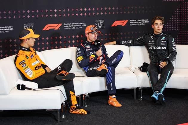 VERSTAPPEN Max (ned), Red Bull Racing RB20, portrait NORRIS Lando (gbr), McLaren F1 Team MCL38, portrait RUSSELL George (gbr), Mercedes AMG F1 Team W15, portrait press conference, PK, Pressekonferenz during the Formula 1 Qatar Airways Austrian Grand Prix 2024, 11th round of the 2024 Formula One World Championship, WM, Weltmeisterschaft from June 28 to 30, 2024 on the Red Bull Ring, in Spielberg, Austria - F1 - AUSTRIAN GRAND PRIX 2024 DPPI Panoramic  240629_R11_AUSTRIA_DP_XB3_9634