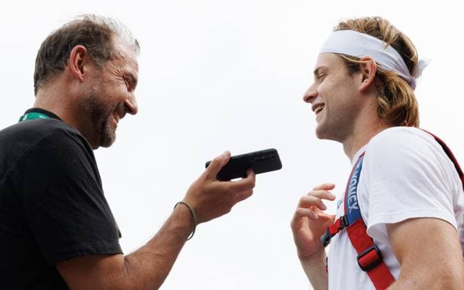 Belgian Zizou Bergs talks to Filip Dewulf ahead of a training session during preparations ahead of the 2024 Wimbledon grand slam tennis tournament at the All England Tennis Club, in south-west London, Britain, Saturday 29 June 2024. BENOITxDOPPAGNE  x95494836x