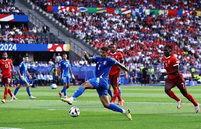 Giovanni Di Lorenzo of Italy miss kicks a chance at goal but was flagged offside from a clever free kick routine Switzerland v Italy, UEFA European Championship, EM, Europameisterschaft 2024, Round of 16, Football, Olympiastadion, Berlin, Germany - 29 Jun 2024 EDITORIAL USE ONLY No use with unauthorised audio, video, data, fixture lists, club league logos or live services. Online in-match use limited to 120 images, no video emulation. No use in betting, games or single club league player publications. Copyright: xMichaelxZemanek Shutterstockx 14562039aa