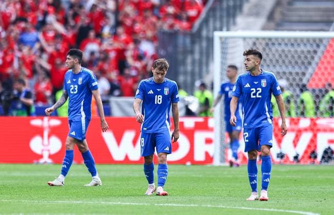 Nicolo Barella and Stephan El Shaarawy of Italy looks dejected after Remo Freuler of Switzerland scores the opening goal 1-0 Switzerland v Italy, UEFA European Championship, EM, Europameisterschaft 2024, Round of 16, Football, Olympiastadion, Berlin, Germany - 29 Jun 2024 EDITORIAL USE ONLY No use with unauthorised audio, video, data, fixture lists, club league logos or live services. Online in-match use limited to 120 images, no video emulation. No use in betting, games or single club league player publications. Copyright: xMichaelxZemanek Shutterstockx 14562039ai