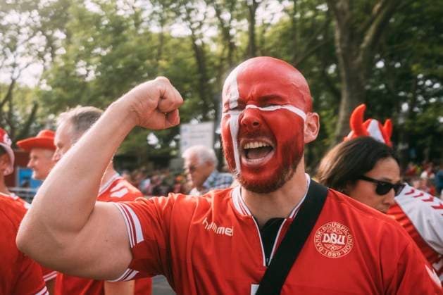 Dortmund, Signal Iduna Park, 29.06.2024: Denmark fan celebrates prior the match UEFA European Championship, EM, Europameisterschaft 2024 Germany v. Denmark.