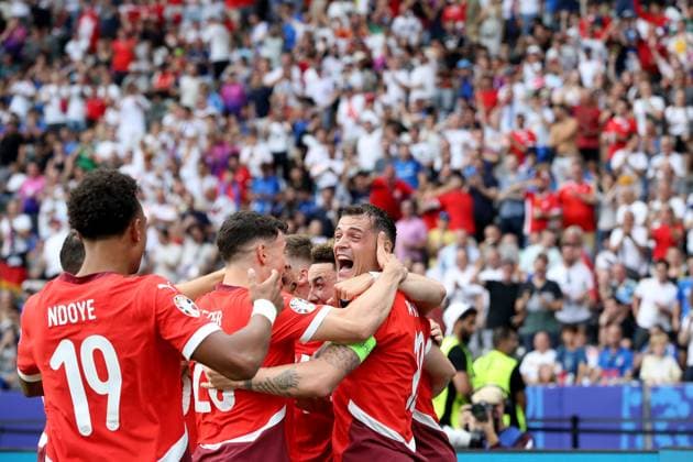 29.06.2024, xtgx, Fussball EM 2024 1 8 Finale, Schweiz - Italien emspor, v.l. Torjubel nach dem Tor zum celebrating the goal celebrate 2:0 Ruben Vargas (Schweiz) mit Granit Xhaka (Schweiz) (UEFA REGULATIONS PROHIBIT ANY USE OF PHOTOGRAPHS as IMAGE SEQUENCES and or QUASI-VIDEO) Berlin