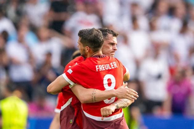Switzerland v Italy, UEFA EURO, EM, Europameisterschaft,Fussball 2024, Berlin, Germany Berlin, Germany. 29th, June 2024. Remo Freuler (8) of Switzerland scores for 1-0 and celebrates with Granit Xhaka (10) during the UEFA Euro 2024 round of 16 match between Switzerland and Italy at Olympiastadion in Berlin. Berlin Germany  Copyright: xGonzalesxPhoto FrederikkexJensenx
