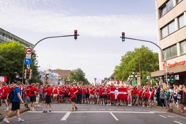 Dortmund, Germany. 29th Jun 2024. Danish fans mash from Westpark to the stadium. Germany - Denmark Deutschland - Dänemark 29.06.2024