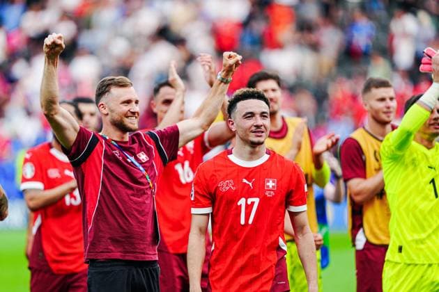 Schweiz jubelt Jubel nach Sieg Spielende GER, Schweiz vs. Italien, Fussball Europameisterschaft, UEFA EURO, EM, Europameisterschaft,Fussball 2024, Achtelfinale, 29.06.2024 GER, Schweiz vs. Italien, Fussball Europameisterschaft, UEFA Euro 2024, Achtelfinale, 29.06.2024 Berlin Copyright: xEibner-Pressefoto MarcelxvonxFehrnx EP_MFN