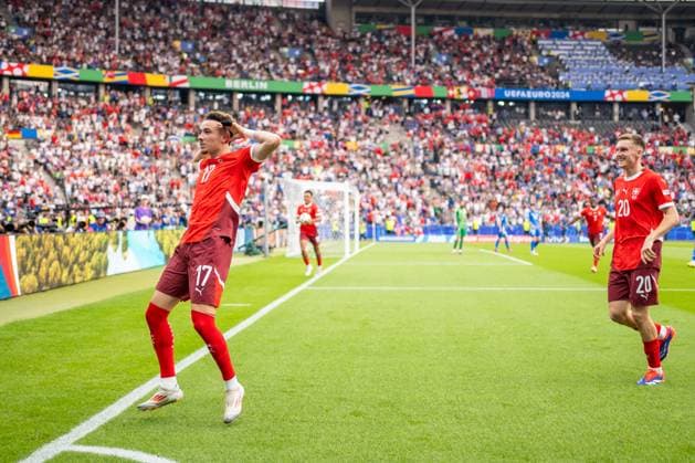 Switzerland v Italy, UEFA EURO, EM, Europameisterschaft,Fussball 2024, Berlin, Germany Berlin, Germany. 29th, June 2024. Ruben Vargas (17) of Switzerland scores for 2-0 during the UEFA Euro 2024 round of 16 match between Switzerland and Italy at Olympiastadion in Berlin. Berlin Germany  Copyright: xGonzalesxPhoto FrederikkexJensenx