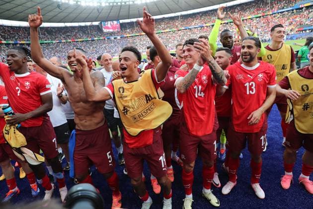 29.06.2024, xtgx, Fussball EM 2024 1 8 Finale, Schweiz - Italien emspor, v.l. Jubel, Freude, Emotionen ueber den Sieg bei den Schweizern (UEFA REGULATIONS PROHIBIT ANY USE OF PHOTOGRAPHS as IMAGE SEQUENCES and or QUASI-VIDEO) Berlin