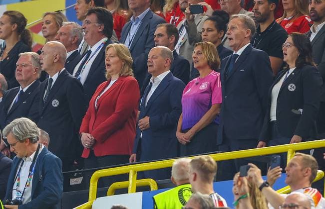 German Chancellor Olaf Scholz during the national anthems Germany v Denmark, UEFA European Championship, EM, Europameisterschaft 2024, Round of 16, Football, BVB Stadion, Dortmund, Germany - 29 Jun 2024 EDITORIAL USE ONLY No use with unauthorised audio, video, data, fixture lists, club league logos or live services. Online in-match use limited to 120 images, no video emulation. No use in betting, games or single club league player publications. Copyright: xKieranxMcManus Shutterstockx 14562066r