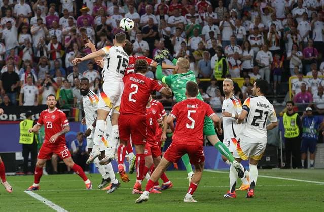 - Germany v Denmark, UEFA EURO, EM, Europameisterschaft,Fussball 2024, Round Of 16, Dortmund Football Stadium, Signal Iduna Park, Dortmund, Germany - 29th June 2024. Nico Schlotterbeck of Germany & Borussia Dortmund scores but has his goal ruled out by Referee, Michael Oliver & Video Assistant Referee VAR. - Germany v Denmark, UEFA Euro 2024, Round Of 16, Dortmund Football Stadium, Signal Iduna Park, Dortmund, Germany - 29th June 2024. Dortmund Dortmund Football Stadium, Signal Iduna Park Germany Copyright: xDanxWeirx CP_Germany_Denmark_28