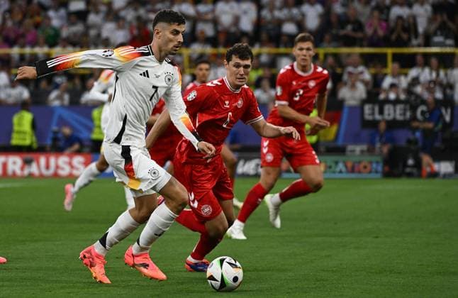 29.06.2024, xpsx, Fussball EM 2024 1 8 Finale, Deutschland - Dänemark emspor, v.l. Kai Havertz (Deutsche Fussball Nationalmannschaft DFB), Andreas Christensen (Dänemark Daenemark) (DFL DFB REGULATIONS PROHIBIT ANY USE OF PHOTOGRAPHS as IMAGE SEQUENCES and or QUASI-VIDEO) Dortmund