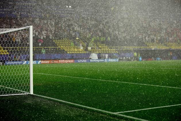 Heavy rain and Hale stones fall on the pitch Germany v Denmark, UEFA European Championship, EM, Europameisterschaft 2024, Round of 16, Football, BVB Stadion, Dortmund, Germany - 29 Jun 2024 EDITORIAL USE ONLY No use with unauthorised audio, video, data, fixture lists, club league logos or live services. Online in-match use limited to 120 images, no video emulation. No use in betting, games or single club league player publications. Copyright: xKieranxMcManus Shutterstockx 14562066as