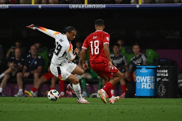 29.06.2024, xpsx, Fussball EM 2024 1 8 Finale, Deutschland - Dänemark emspor, v.l. Leroy Sane (Deutsche Fussball Nationalmannschaft DFB) Alexander Hartmann Bah (Dänemark Daenemark) Zweikampf, Aktion, action, battle for the ball (DFL DFB REGULATIONS PROHIBIT ANY USE OF PHOTOGRAPHS as IMAGE SEQUENCES and or QUASI-VIDEO) Dortmund