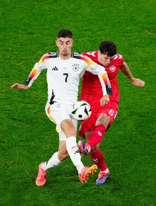 Kai Havertz of Germany and Andreas Christensen of Denmark Germany v Denmark, UEFA European Championship, EM, Europameisterschaft 2024, Round of 16, Football, BVB Stadion, Dortmund, Germany - 29 Jun 2024 EDITORIAL USE ONLY No use with unauthorised audio, video, data, fixture lists, club league logos or live services. Online in-match use limited to 120 images, no video emulation. No use in betting, games or single club league player publications. Copyright: xDavexShopland Shutterstockx 14562067k