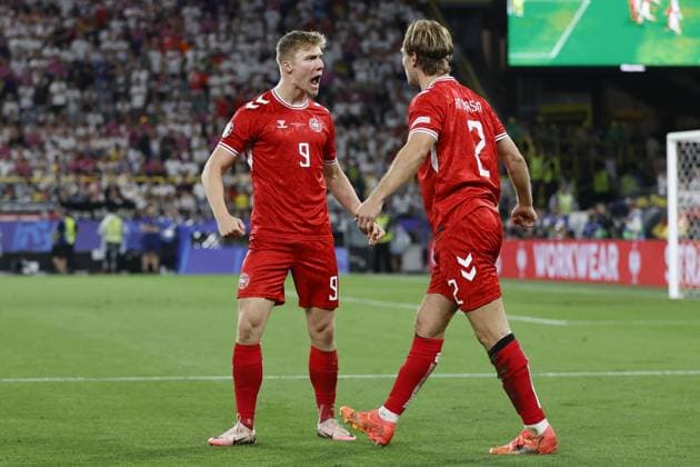 DORTMUND, BVB Stadium, 29-06-2024 , European Football Championship Euro2024, Round of 16 match no.37 between Germany and Denmark. (L-R) Denmark player Jannik Vestergaard, Denmark player Joachim Andersen celebrating 1-0, but goal not awarded Germany - Denmark (Euro2024)  x25632024x Copyright: