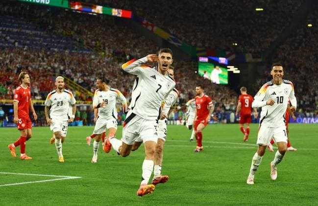 Kai Havertz of Germany scores the opening goal from the penalty spot 1-0 and celebrates Germany v Denmark, UEFA European Championship, EM, Europameisterschaft 2024, Round of 16, Football, BVB Stadion, Dortmund, Germany - 29 Jun 2024 EDITORIAL USE ONLY No use with unauthorised audio, video, data, fixture lists, club league logos or live services. Online in-match use limited to 120 images, no video emulation. No use in betting, games or single club league player publications.  Copyright: xKieranxMcManus Shutterstockx 14562066bs
