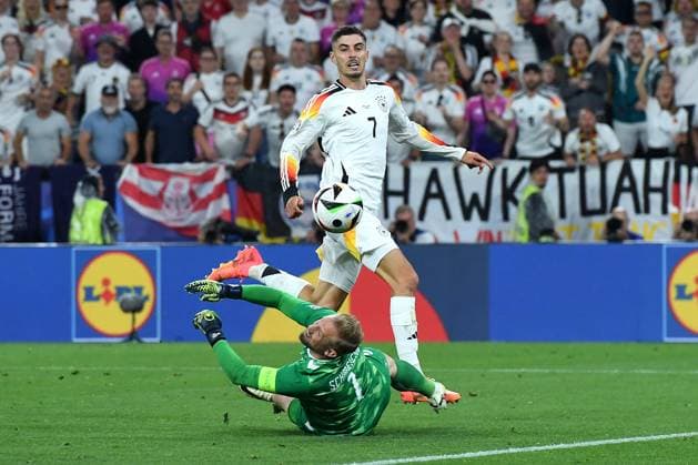 Fußball UEFA EURO, EM, Europameisterschaft,Fussball 2024 Achtelfinale Deutschland - Dänemark am 29.06.2024 im BVB Stadion Dortmund in Dortmund Kasper Schmeichel ( Dänemark ), unten - Kai Havertz ( Deutschland ), oben