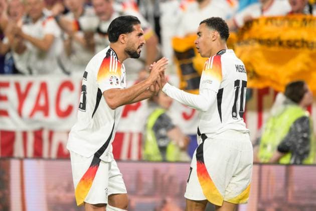 Fußball, UEFA EURO, EM, Europameisterschaft,Fussball 2024 Achtelfinale, 20240629, Deutschland - Dänemark. Im Bild Emre CAN (Deutschland, 25) und Jamal MUSIALA (Deutschland, 10) Torjubel bejubelt Jubel Tor 2:0. Dortmund BVB Stadion Dortmund Nordrhein-Westfalen Deutschland Copyright: Passion2Press MarkusxFischerx