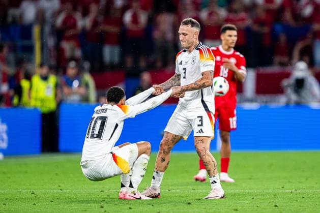 240629 Jamal Musiala and David Raum of Germany during the UEFA EURO, EM, Europameisterschaft,Fussball 2024 Football Championship round of 16 match between Germany and Denmark on June 29, 2024 in Dortmund. Photo: Jesper Zerman BILDBYRAN kod JZ JZ0545 fotboll football soccer fotball fotbolls-em europamästerskap em uefa euro uefa european football championship euro 2024 tyskland germany danmark denmark bbeng Copyright: JESPERxZERMAN BB240629JZ117