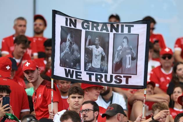Berlin, Germany, 29th June 2024. Switzerland fans hold up a banner in favour of Granit Xhaka of Switzerland during the UEFA European Championships Round of 16 match at Olympiastadion, Berlin. Picture credit should read: Jonathan Moscrop Sportimage EDITORIAL USE ONLY. No use with unauthorised audio, video, data, fixture lists, club league logos or live services. Online in-match use limited to 120 images, no video emulation. No use in betting, games or single club league player publications. SPI-3208-0075