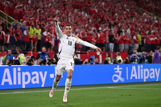 Germany Soccer Euro 2024 Germany - Denmark 8719418 29.06.2024 Germany s Jamal Musiala celebrates his goal during the UEFA EURO, EM, Europameisterschaft,Fussball 2024 Round of 16 soccer match between Germany and Denmark at the BVB Stadion Dortmund, in Dortmund, Germany. Alexey Filippov Sputnik Dortmund Germany  Copyright: xAlexeyxFilippovx