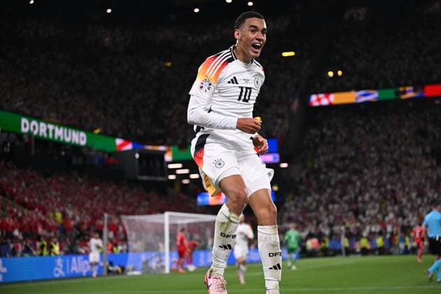 Germany Soccer Euro 2024 Germany - Denmark 8719422 29.06.2024 Germany s Jamal Musiala celebrates his goal during the UEFA EURO, EM, Europameisterschaft,Fussball 2024 Round of 16 soccer match between Germany and Denmark at the BVB Stadion Dortmund, in Dortmund, Germany. Alexey Filippov Sputnik Dortmund Germany  Copyright: xAlexeyxFilippovx