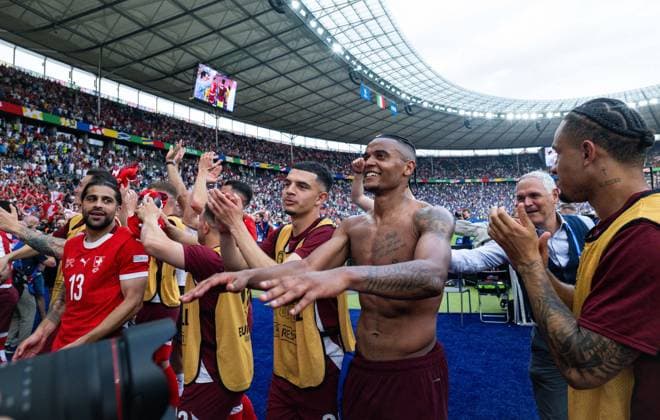 BERLIN, GERMANY - JUNE 29: Manuel Akanji, Ricardo Rodriguez of Switzerland celebrate after wining the match between Switzerland and Italy on Round of 16 - UEFA EURO, EM, Europameisterschaft,Fussball 2024 at Olympiastadion on June 28, 2024 in Berlin, Germany. Photo by Sebastian Frej Switzerland v Italy - Round of 16 - UEFA EURO 2024 Copyright: xSebastianxFrejx