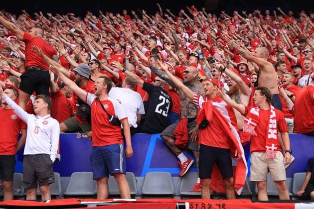 Football - UEFA EURO, EM, Europameisterschaft,Fussball 2024 - Round of 16 - Germany v Denmark 29th June 2024 - UEFA EURO 2024 - Round of 16 - Germany v Denmark - Denmark fans salute each other - Photo: Simon Stacpoole Offside. Dortmund Germany Copyright: xSimonxStacpoolexOffside