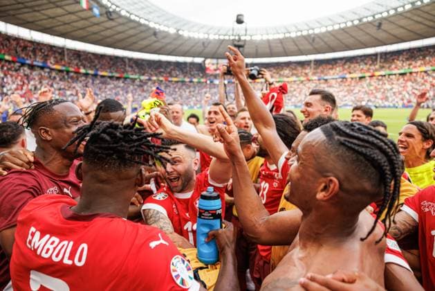 Switzerland Vs Italy in Berlin, Germany - 29 Jun 2024 Players of Switzerland celebrate during the UEFA EURO, EM, Europameisterschaft,Fussball 2024 Round of 16 game between national teams of Switzerland and Italy at Olympiastadion. Final score; Switzerland 2:0 Italy. Berlin Germany Copyright: xMaciejxRogowskix xSOPAxImagesx MROGOWSKI-32