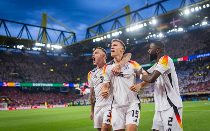 Dortmund, Germany. 29th Jun 2024. Goal celebration: David Raum (DFB) Nico Schlotterbeck (DFB) Antonio Rüdiger (DFB) Germany - Denmark Deutschland - Dänemark 29.06.2024