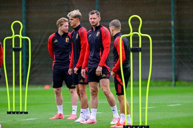 Belgium Media Activities - UEFA EURO, EM, Europameisterschaft,Fussball 2024 30 06 2024 FREIBERG AM NECKA, GERMANY - JUNE 30 : De Bruyne Kevin forward of Belgium, De Ketelaere Charles midfielder of Belgium, Vertonghen Jan defender of Belgium during a training session of the Belgian Red Devils at the UEFA EURO 2024 European Football Championship tournament on June 30, 2024 in Freiberg am Necka, Germany, 30 06 2024 Freiberg am Necka Germany  Copyright: xPeterxDexVoechtx