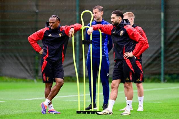 Belgium Media Activities - UEFA EURO, EM, Europameisterschaft,Fussball 2024 30 06 2024 FREIBERG AM NECKA, GERMANY - JUNE 30 : Openda Lois forward of Belgium, Carrasco Yannick forward of Belgium during a training session of the Belgian Red Devils at the UEFA EURO 2024 European Football Championship tournament on June 30, 2024 in Freiberg am Necka, Germany, 30 06 2024 Freiberg am Necka Germany  Copyright: xPeterxDexVoechtx