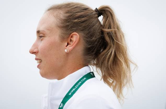 Belgian Elise Mertens answers questions prior to a training session during preparations ahead of the 2024 Wimbledon grand slam tennis tournament at the All England Tennis Club, in south-west London, Britain, Sunday 30 June 2024. BENOITxDOPPAGNE  x95551486x