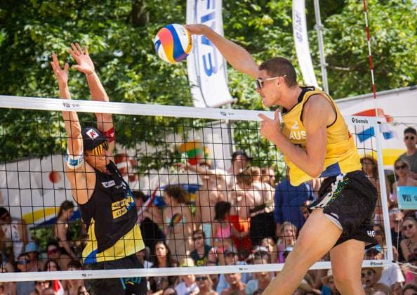 BEACHVOLLEYBALL - Baden Future 2024 BADEN,AUSTRIA,30.JUN.24 - Beach volleyball, Beachvolleyball - FIVB Volleyball World Beach Pro Tour, Baden Future. Image shows Philipp Waller (AUT) and Ben Hood (AUS).  GEPAxpictures xEdgarxEisner