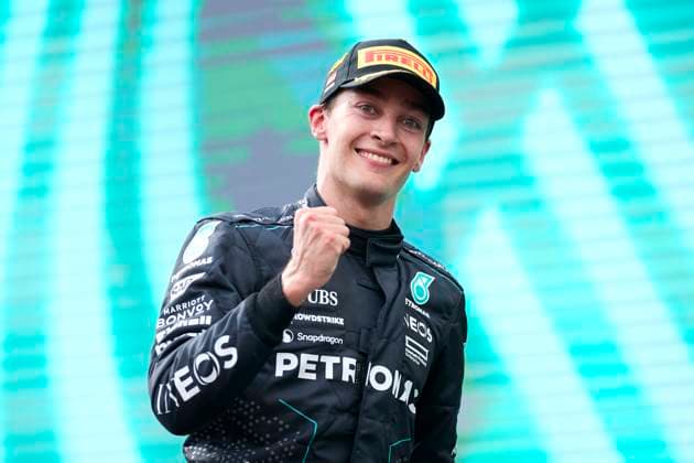 F1 Grand Prix of Austria Race winner George Russell of Great Britain and Mercedes celebrates on the podium during the F1 Grand Prix of Austria at Red Bull Ring on June 30, 2024, in Spielberg, Austria. Spielberg Red Bull Ring Spielberg Austria RL_GPF1AT24_01130 Copyright: xRicardoxLarreinax
