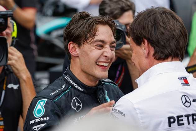 63 George Russell (GBR, Mercedes-AMG Petronas F1 Team), Toto Wolff (AUT, Mercedes-AMG Petronas F1 Team), F1 Grand Prix of Austria at Red Bull Ring on June 30, 2024 in Spielberg, Austria. (Photo by HOCH ZWEI) Spielberg Austria