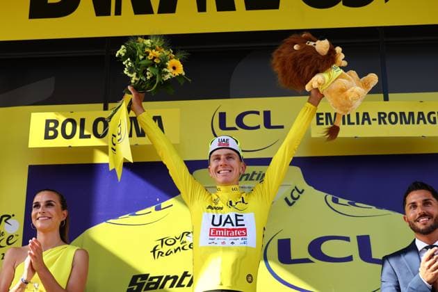 Sport Themen der Woche KW26 Slovenian Tadej Pogacar of UAE Team Emirates celebrates on the podium in the yellow jersey of leader in the overall ranking after stage 2 of the 2024 Tour de France cycling race, from Cesenatico, Italy to Bologna, Italy (198,7km) on Sunday 30 June 2024. The 111th edition of the Tour de France starts on Saturday 29 June and will finish in Nice, France on 21 July. DAVIDxPINTENS  x95566762x