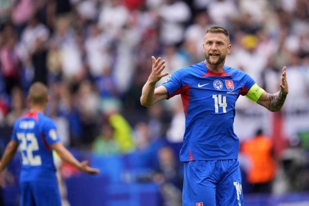 Slovakia s Milan Skriniar reacts after goal disallowed for England during the round of sixteen match between England and Slovakia at the Euro 2024 soccer tournament in Gelsenkirchen, Germany, Sunday, June 30, 2024. - Soccer .  Copyright: xFabioxFerrari LaPressex