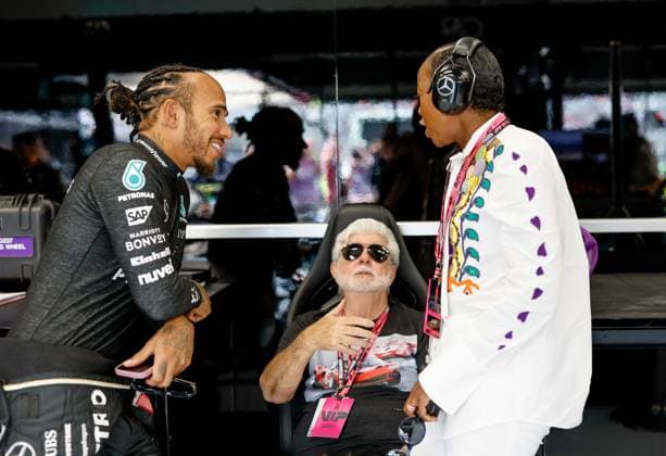 44 Lewis Hamilton (GBR, Mercedes-AMG Petronas F1 Team), George Lucas, F1 Grand Prix of Austria at Red Bull Ring on June 30, 2024 in Spielberg, Austria. (Photo by HOCH ZWEI) Spielberg Austria