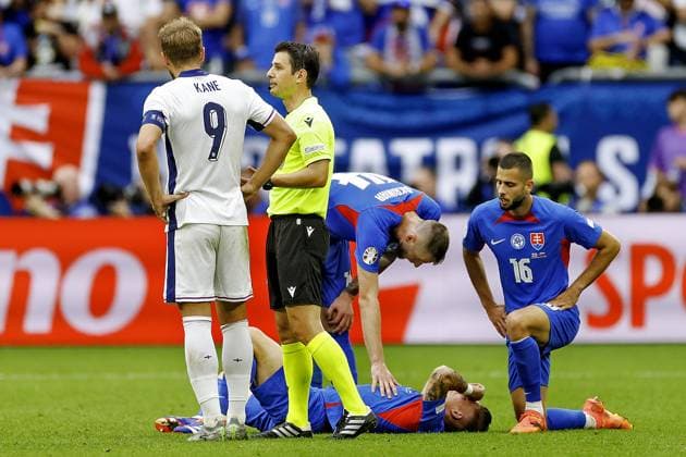 GELSENKIRCHEN, 30-06-20204, Stadium Veltins Arena, European Football Championship Euro2024, Round of 16 match no.40 between England and Slovakia. Slovakia player Tomas Suslov injured England - Slovakia (Euro2024)  x25643266x Copyright:
